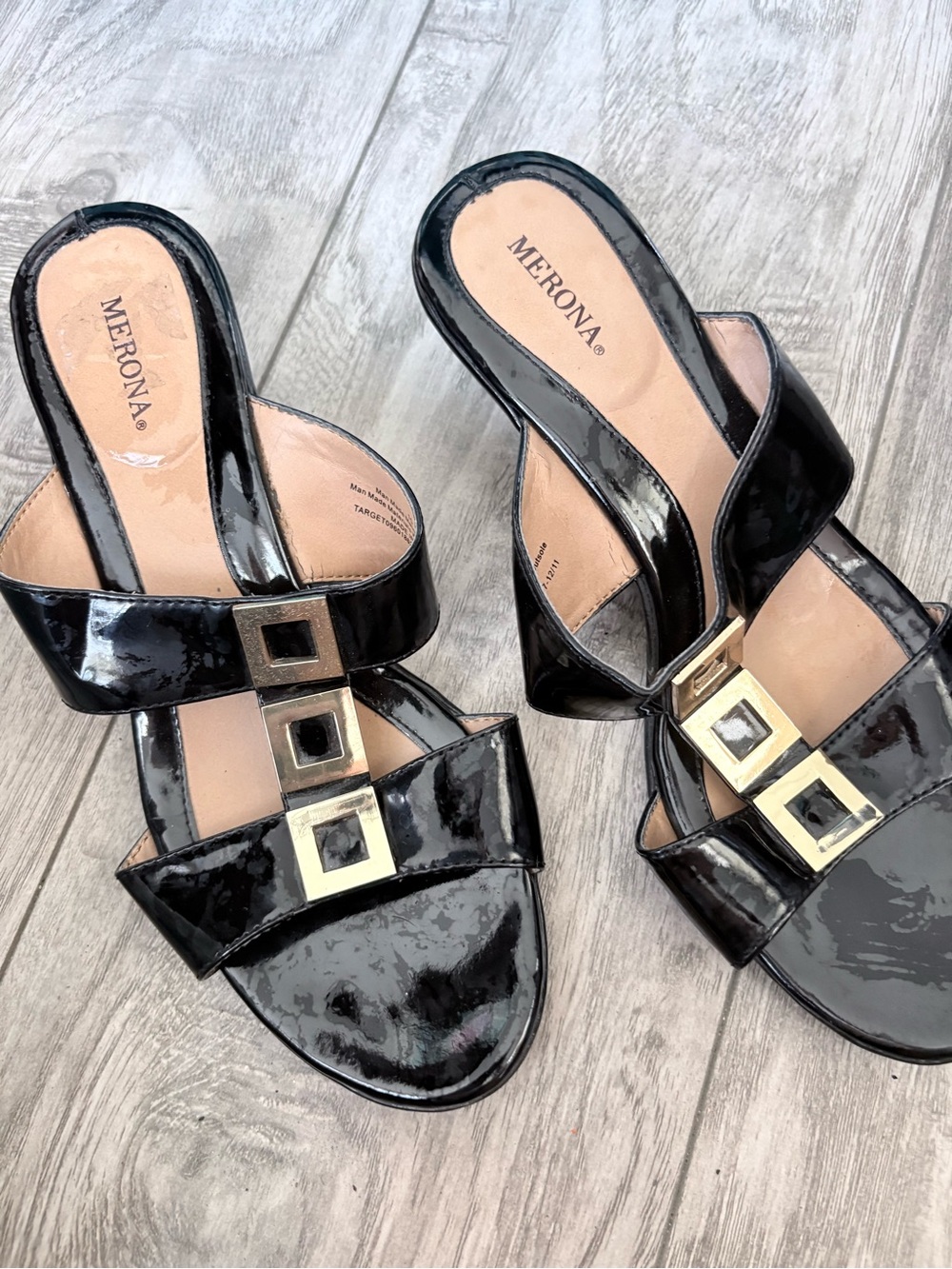 Target Merona Black Patent Slide Sandals with Gold Buckle Accents